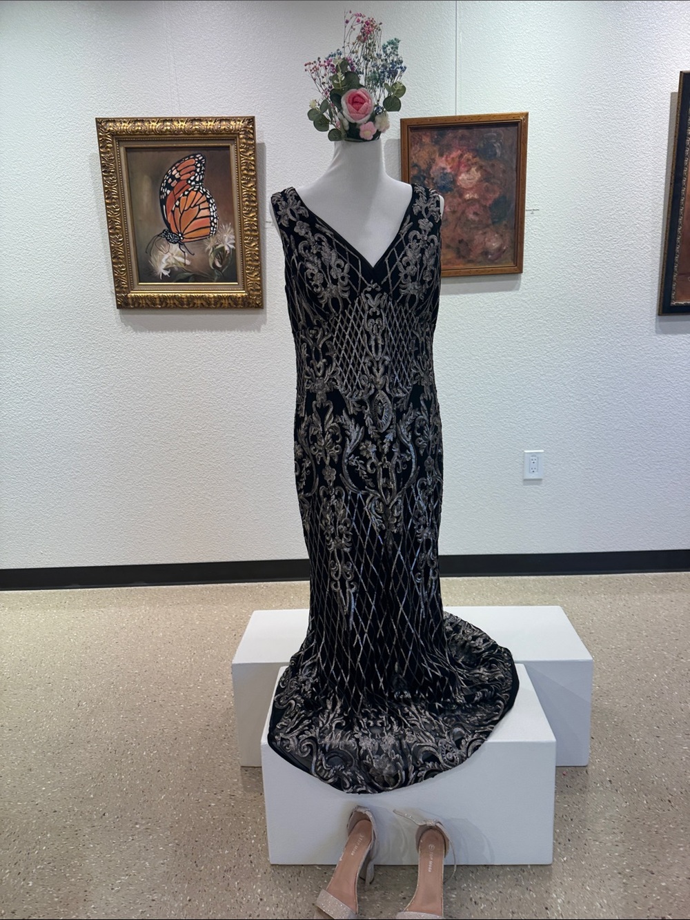 R & M Richards Black and Silver Beaded V-Neck Maxi Gown